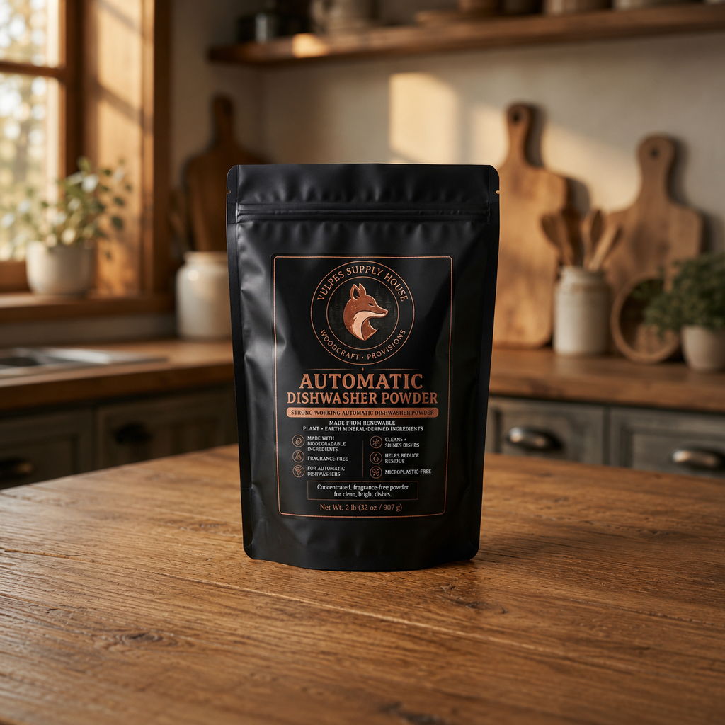 A black stand-up pouch of automatic dishwasher powder stands on a wooden kitchen counter with a blurred warm kitchen interior in the background. The front label shows the brand 'The Dish Supply Company' with a fox logo and product text in gold and white.