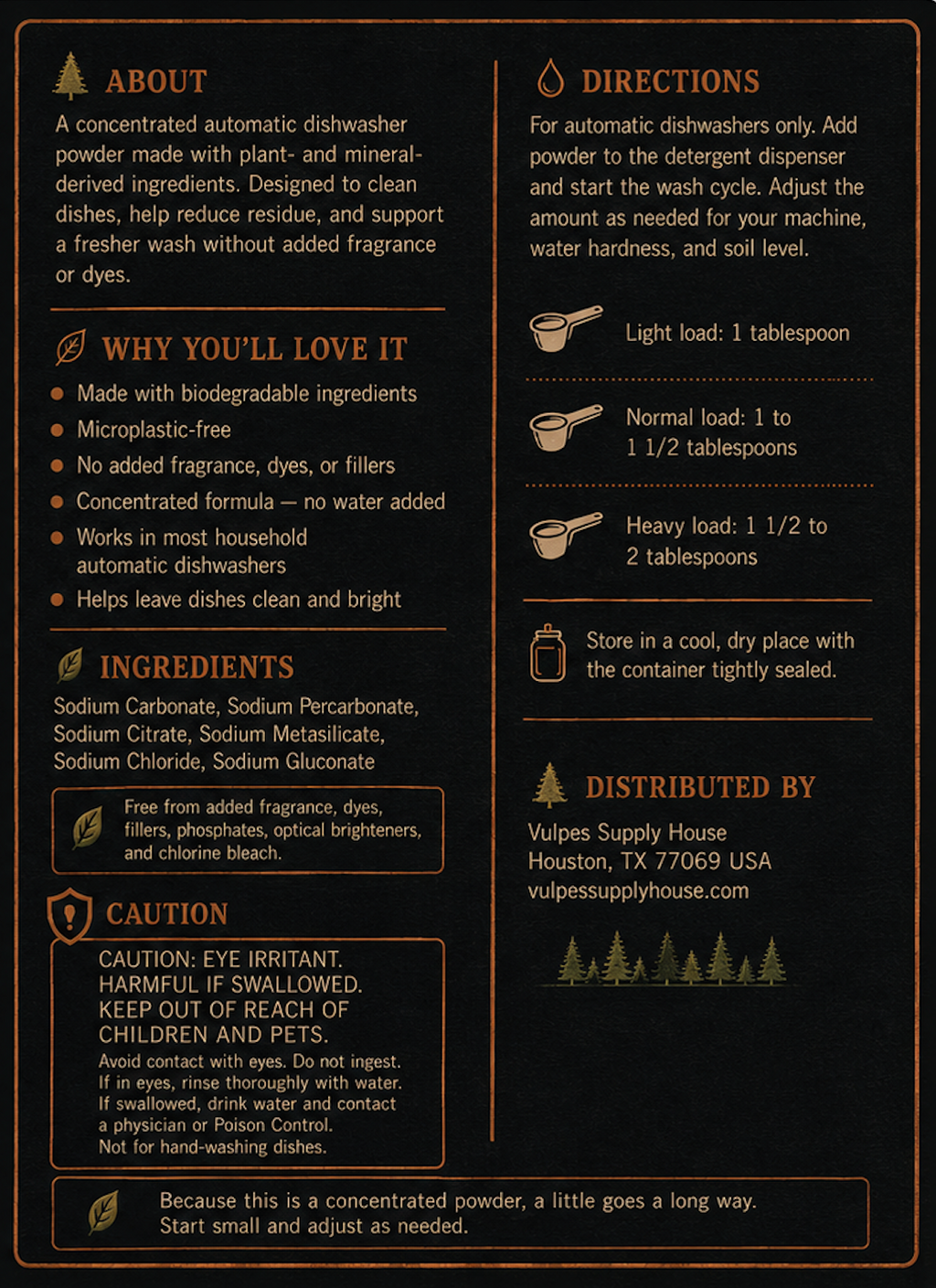 A dark brown informational card with text and icons explaining how to use a concentrated dishwasher powder. The left column covers 'ABOUT', 'WHY YOU'LL LOVE IT', 'INGREDIENTS', and 'CAUTION', while the right column covers 'DIRECTIONS' and storage.