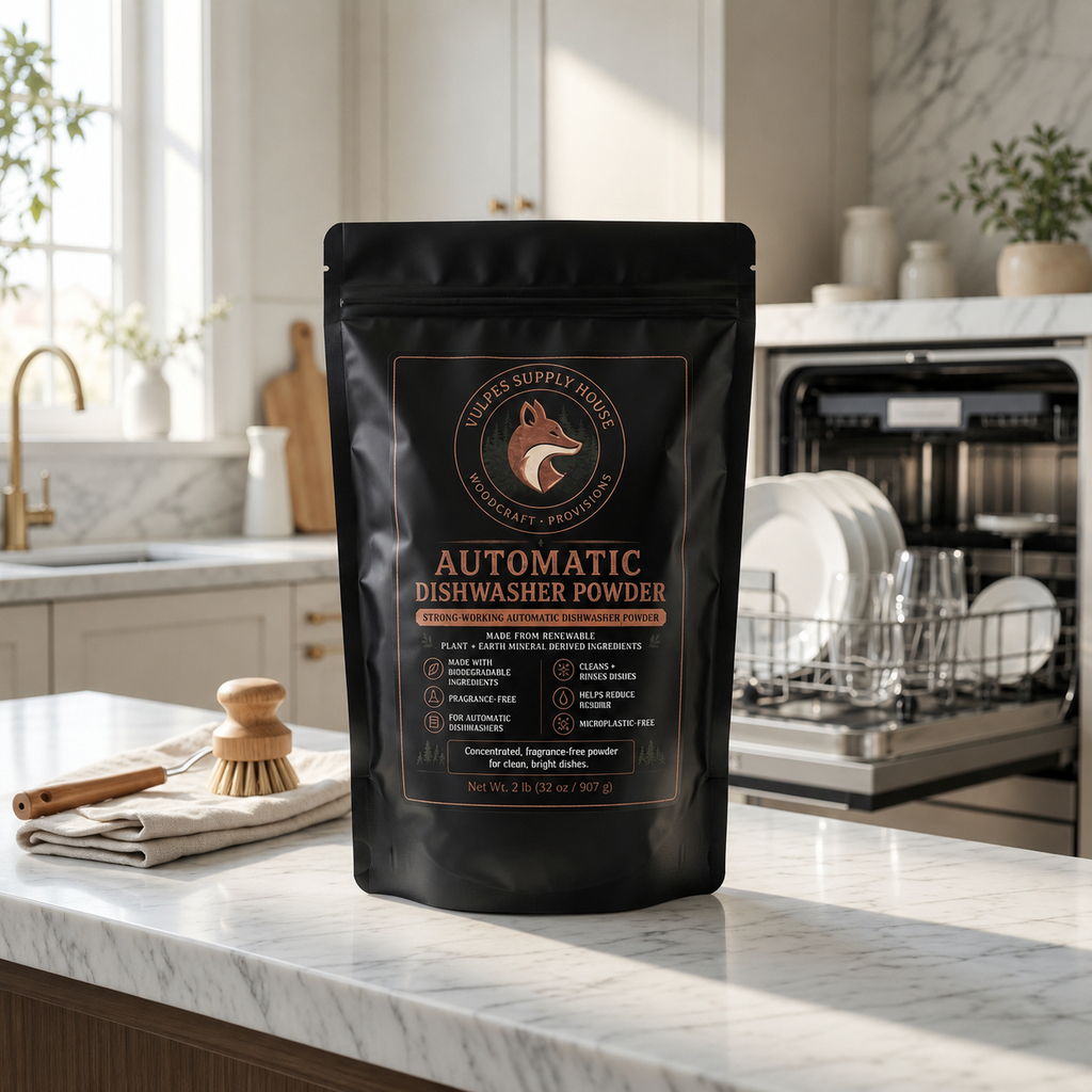 A black stand-up pouch of Automatic Dishwasher Powder by Vulpes Supply House sits on a marble kitchen countertop, with a blurred kitchen interior and an open dishwasher in the background.