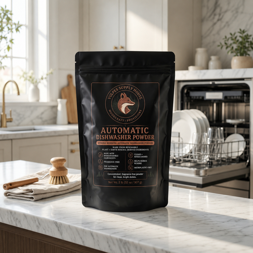 A black stand-up pouch of Automatic Dishwasher Powder by Vulpes Supply House sits on a marble kitchen countertop, with a blurred kitchen interior and an open dishwasher in the background.