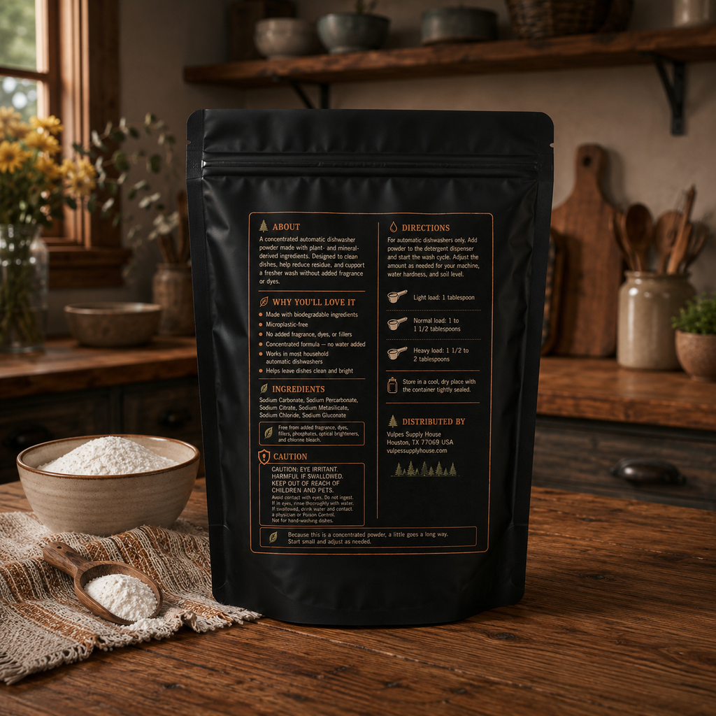 A black stand-up pouch of dishwasher powder stands on a rustic wooden table in a warm, cozy kitchen setting. The back of the pouch features detailed text instructions in white and gold, and the scene is styled with a small bowl of white coffee beans and a wooden spoon nearby.