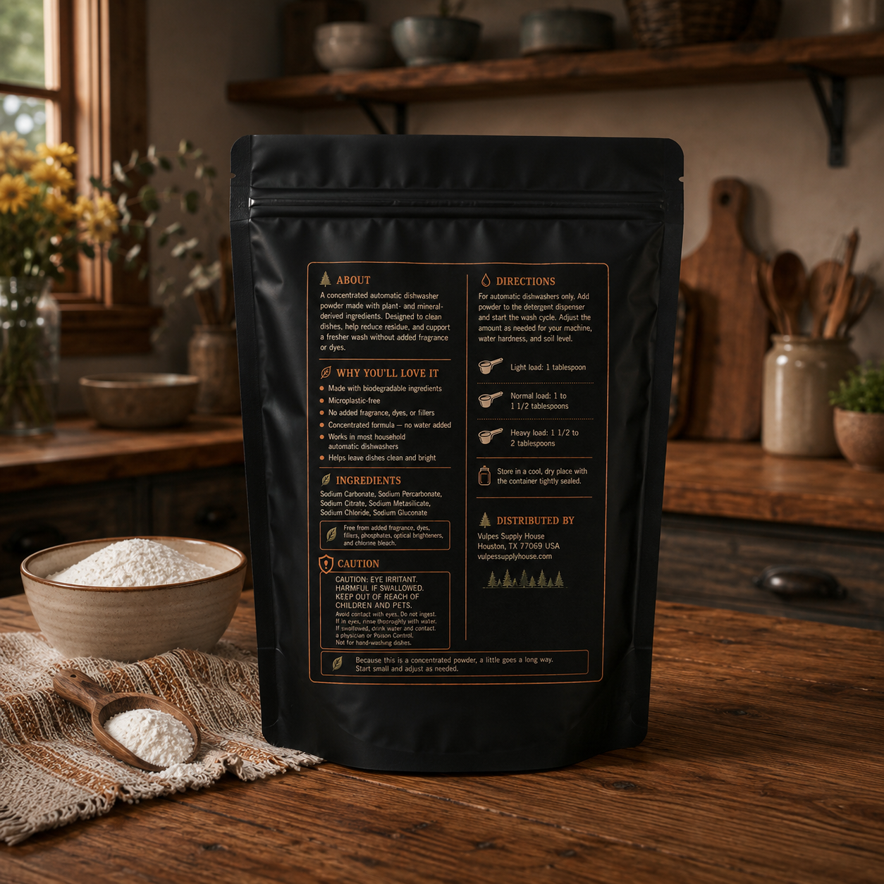 A black stand-up pouch of dishwasher powder stands on a rustic wooden table in a warm, cozy kitchen setting. The back of the pouch features detailed text instructions in white and gold, and the scene is styled with a small bowl of white coffee beans and a wooden spoon nearby.