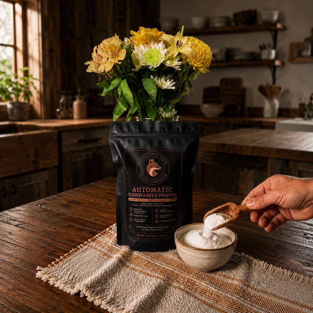 A black stand-up pouch of Automatic Dishwasher Powder sits on a rustic wooden table with a hand pouring white powder from a small wooden spoon into a ceramic bowl. A vase of yellow and white flowers is placed behind the pouch, and a warm, softly blurred kitchen interior fills the background.